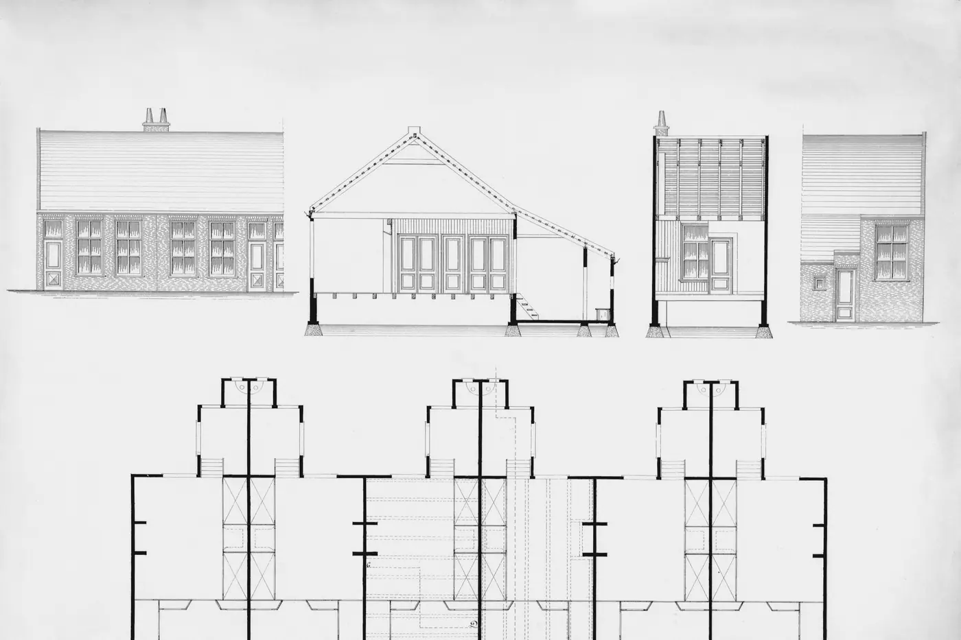 Architectural drawing sheet with building elevations and a floor plan