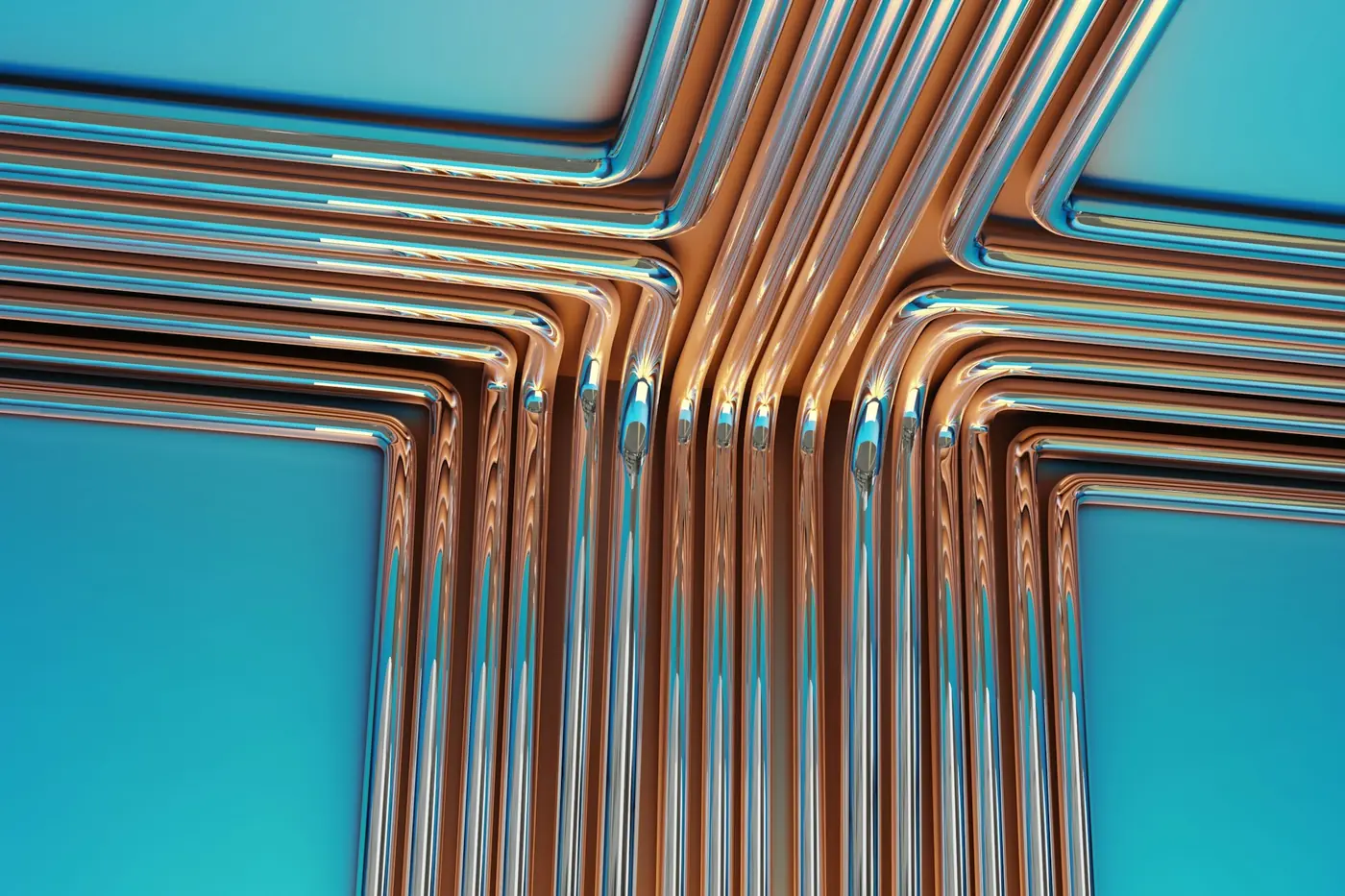 Parallel copper pipes bent at right angles on a blue background