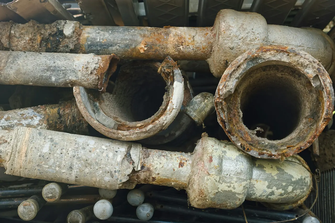 Pile of old, corroded metal pipes and fittings