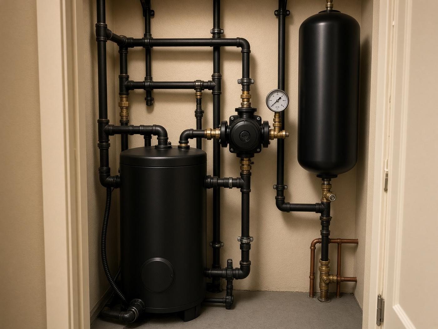 Residential hydronic boiler with gauges and heating pipes