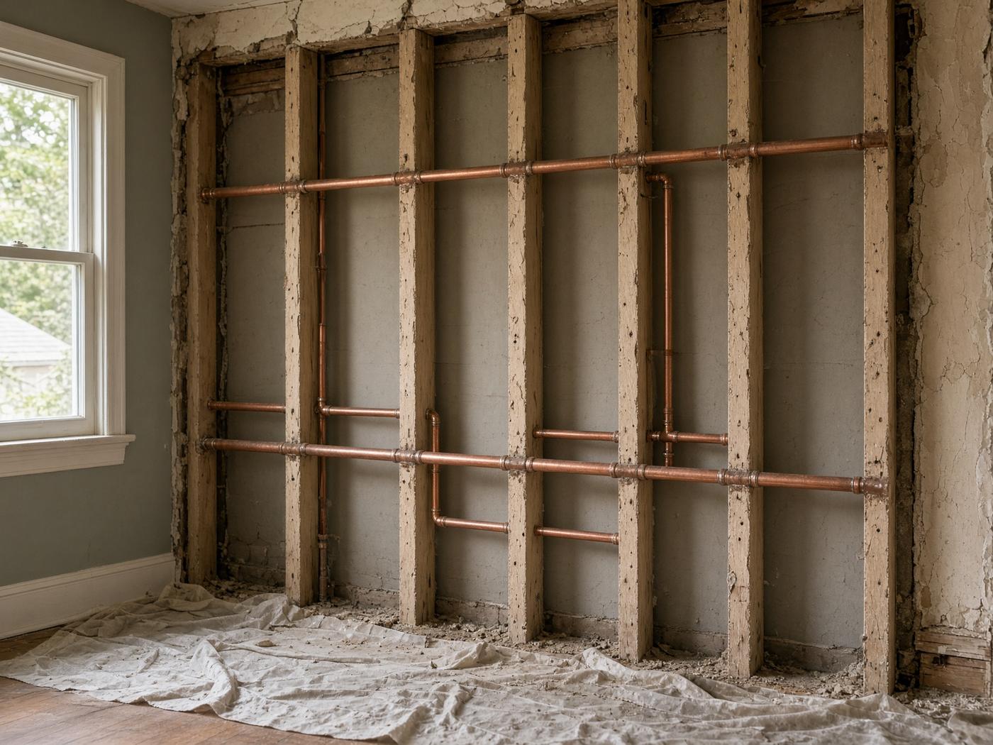 New copper water pipes installed in an opened residential wall
