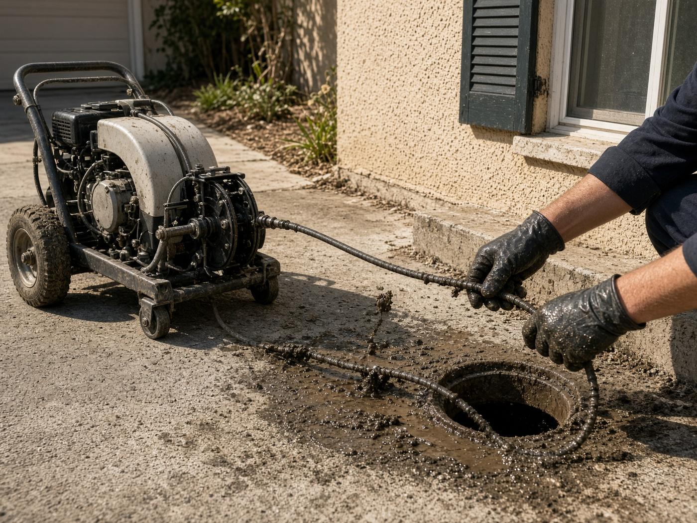 Professional drain cleaning machine at a residential cleanout