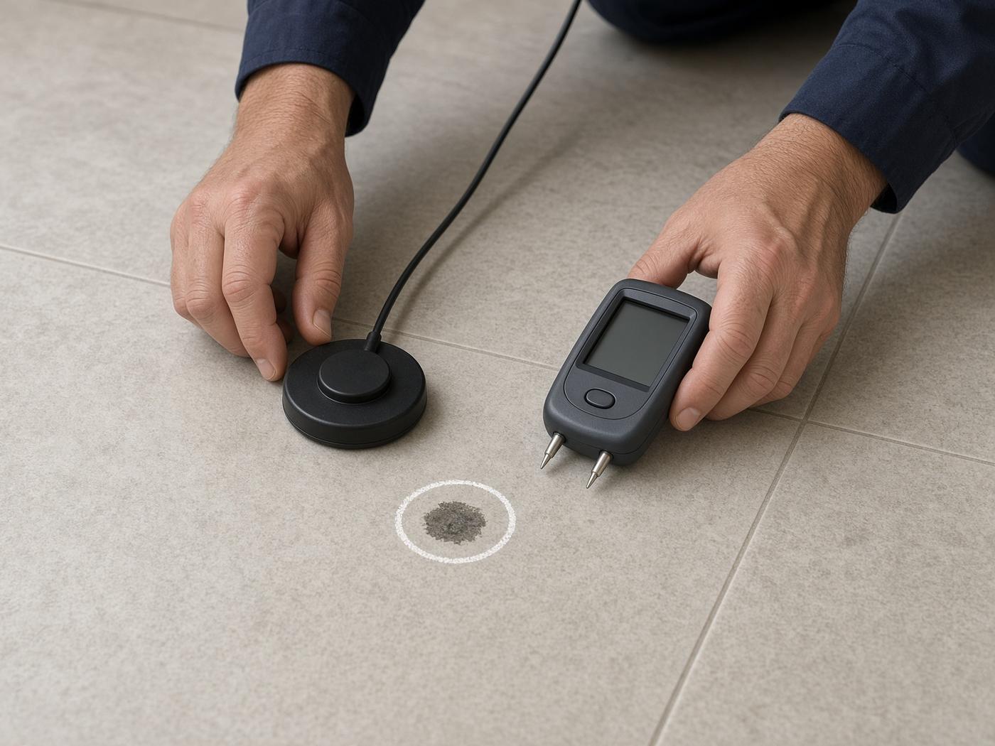 Technician using an electronic leak detector on an interior wall