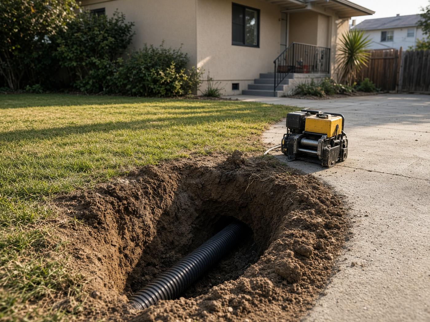 Trenchless sewer replacement access pit in a Los Angeles driveway