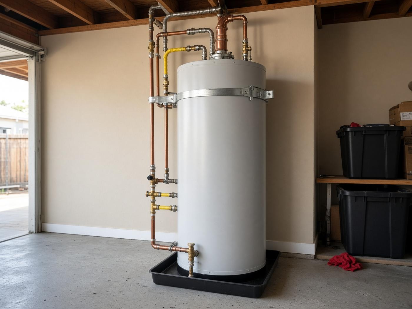 Newly installed residential tank water heater in a California garage
