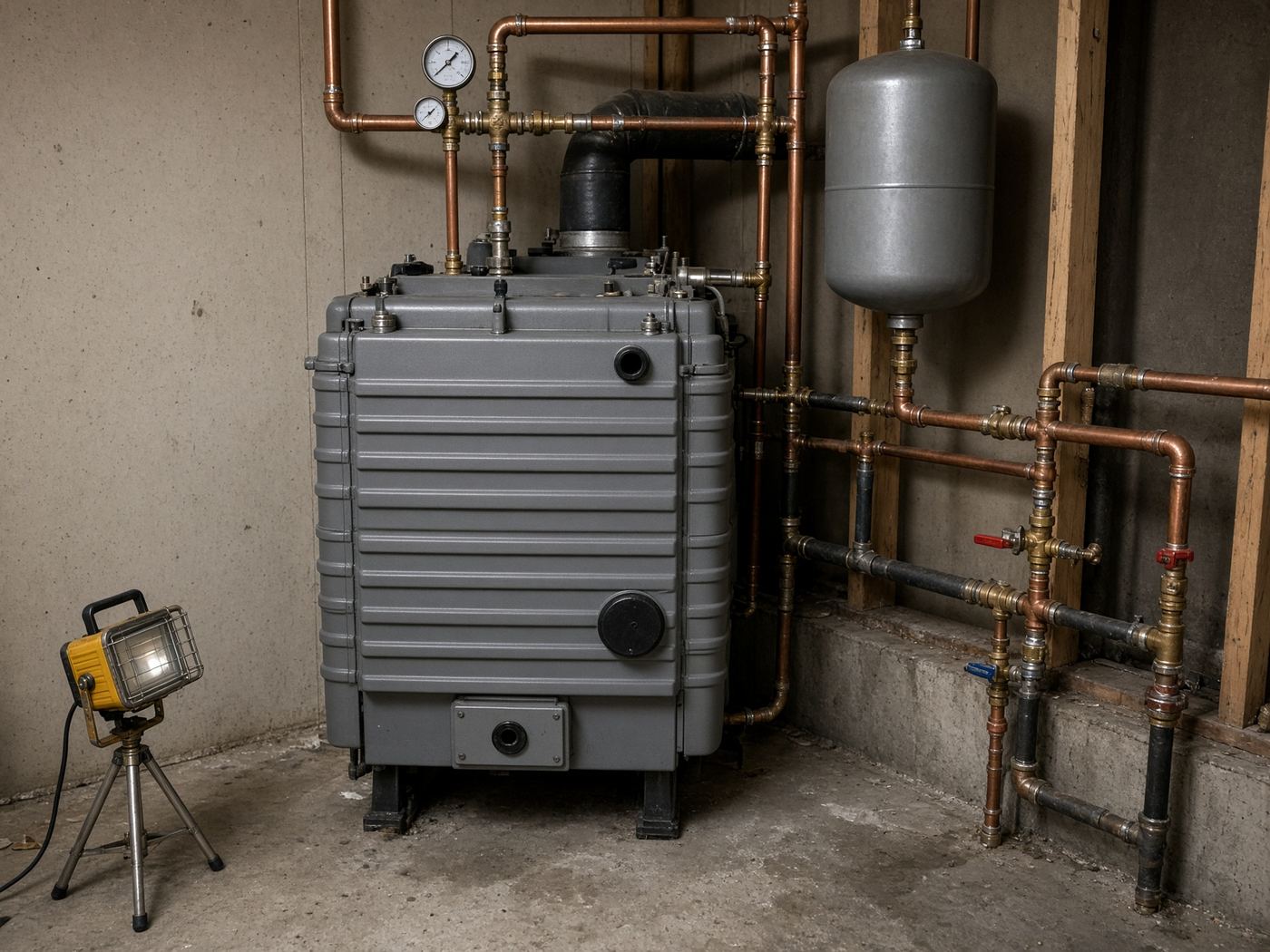 Residential hydronic boiler with gauges and heating pipes