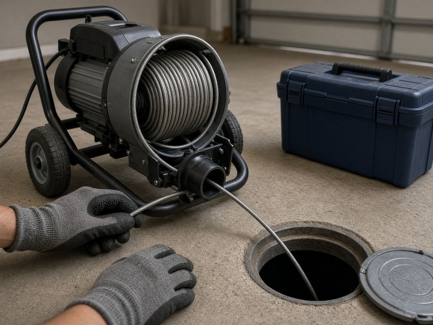 Professional drain cleaning machine at a residential cleanout