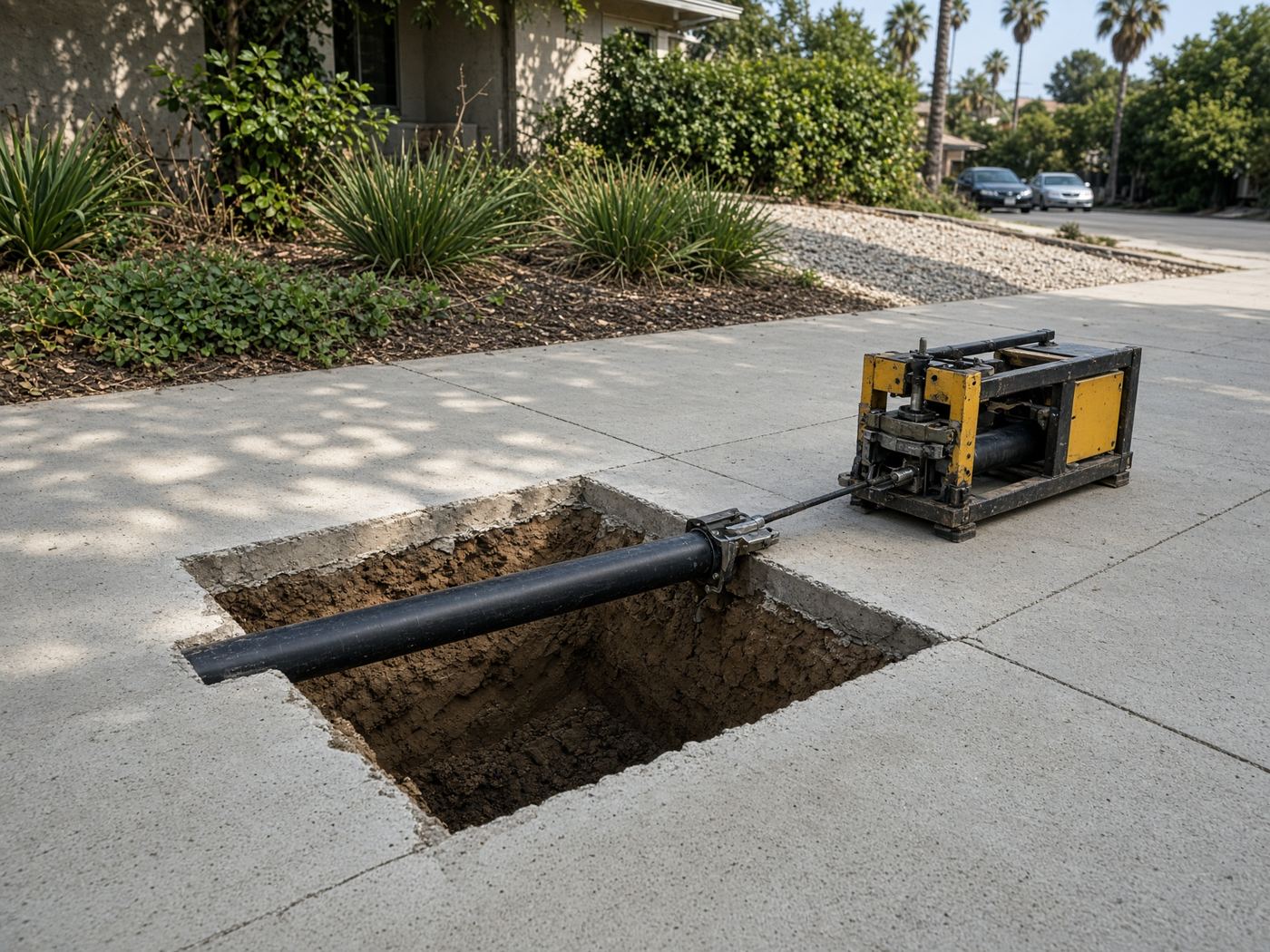 Trenchless sewer replacement access pit in a Los Angeles driveway