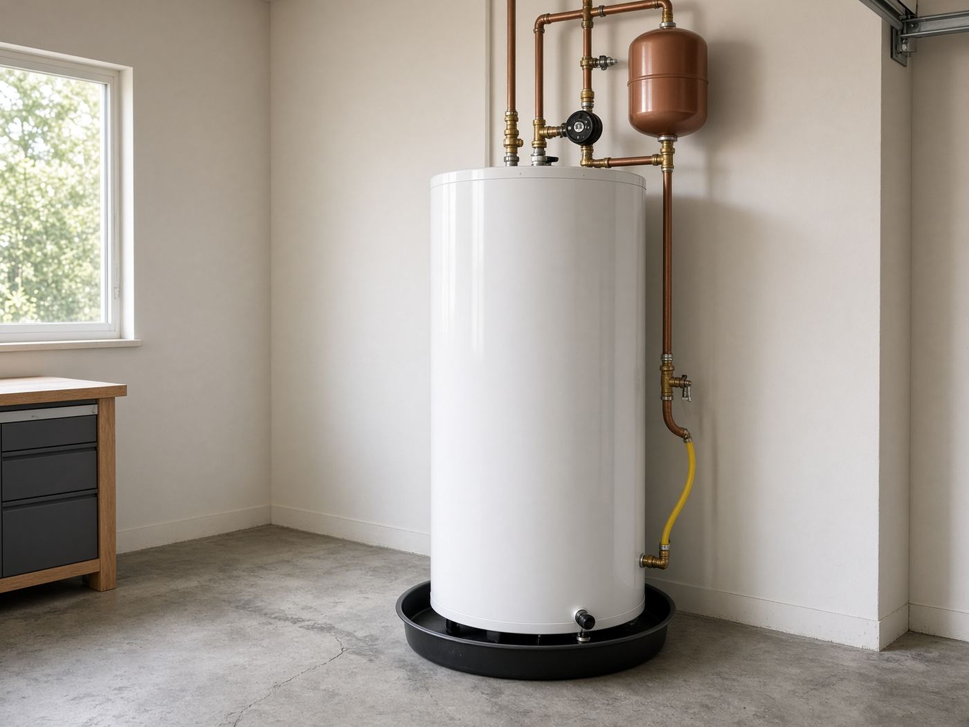 Newly installed residential tank water heater in a California garage