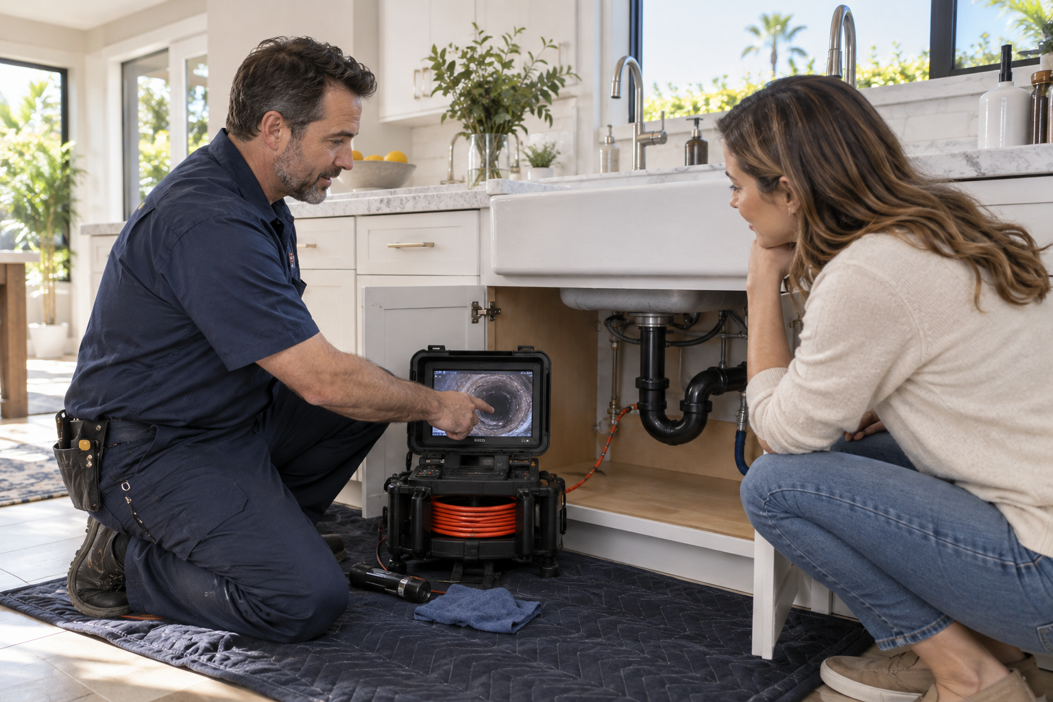 A plumber explaining a camera inspection to a Los Angeles homeowner